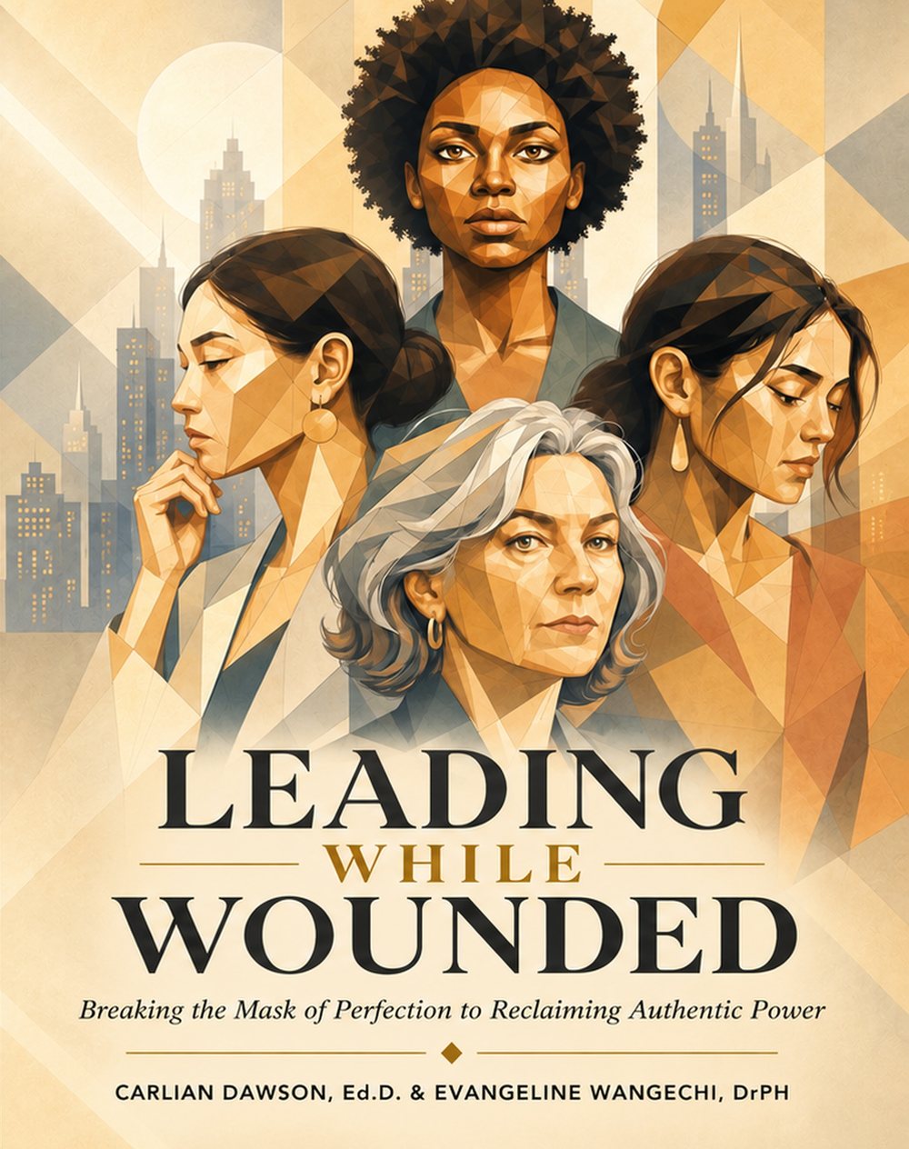 Hardcover of Leading While Wounded: four women of different ages and backgrounds against an art-deco city skyline